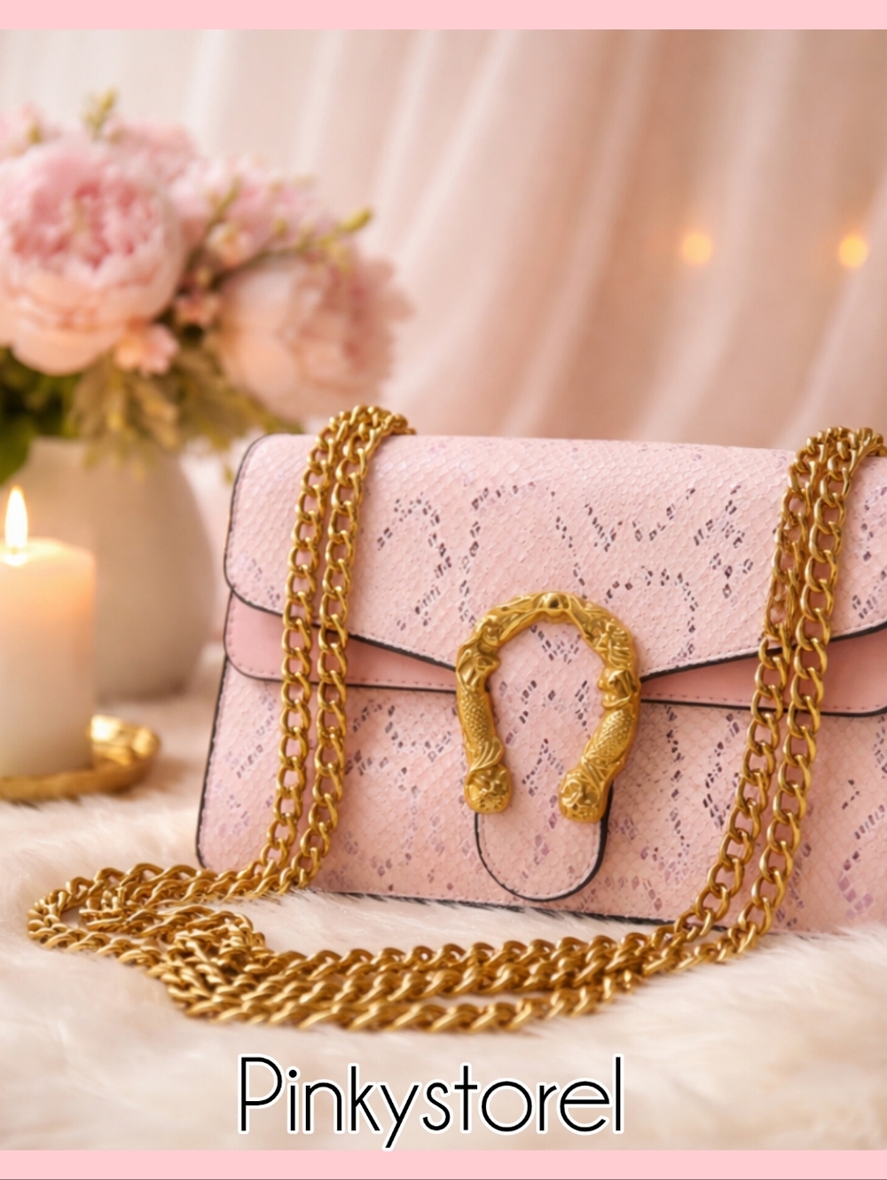 Pink Snake-Embossed Shoulder Bag with Gold Chain